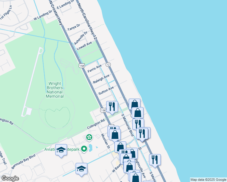 map of restaurants, bars, coffee shops, grocery stores, and more near 403 North Memorial Boulevard in Kill Devil Hills