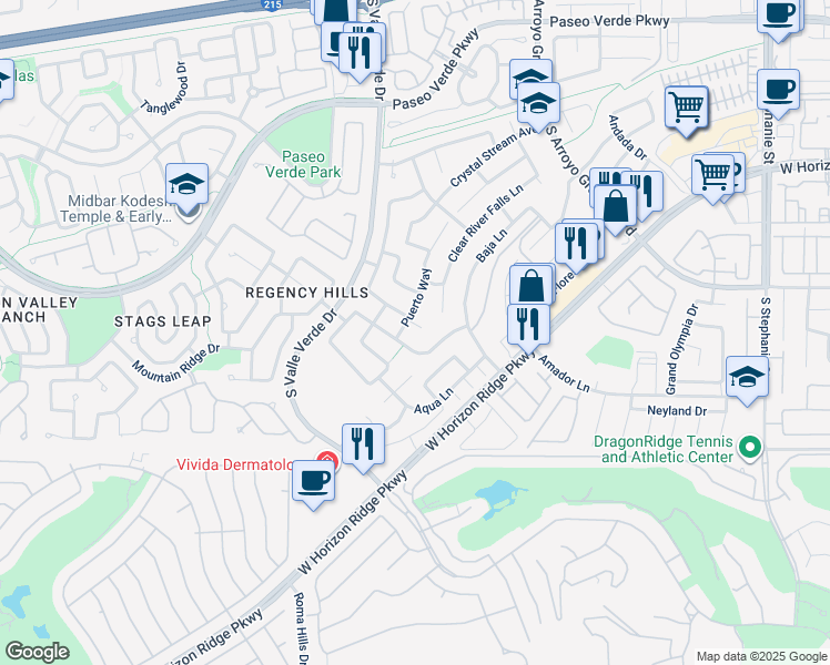 map of restaurants, bars, coffee shops, grocery stores, and more near 275 Clear Rapid Court in Henderson
