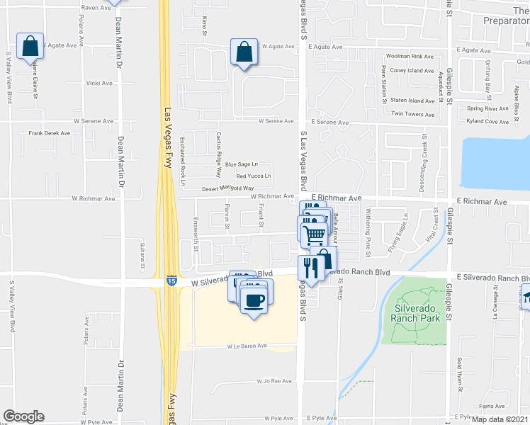 map of restaurants, bars, coffee shops, grocery stores, and more near 9542 Friant Street in Las Vegas