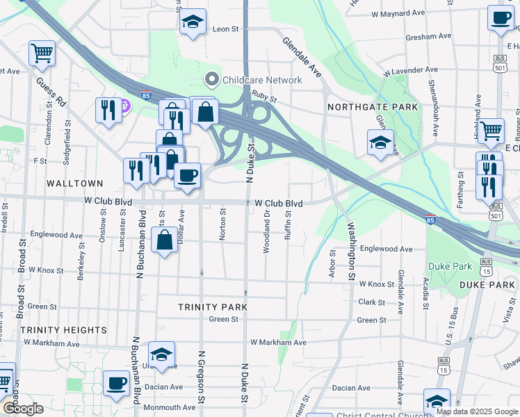 map of restaurants, bars, coffee shops, grocery stores, and more near 803 West Club Boulevard in Durham