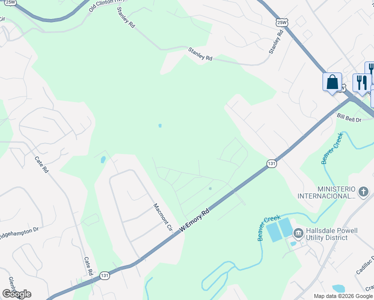 map of restaurants, bars, coffee shops, grocery stores, and more near 4714 West Emory Road in Powell