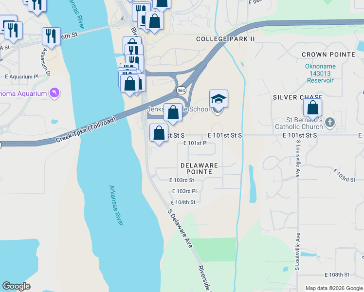 map of restaurants, bars, coffee shops, grocery stores, and more near 2910 East 101st Place in Tulsa