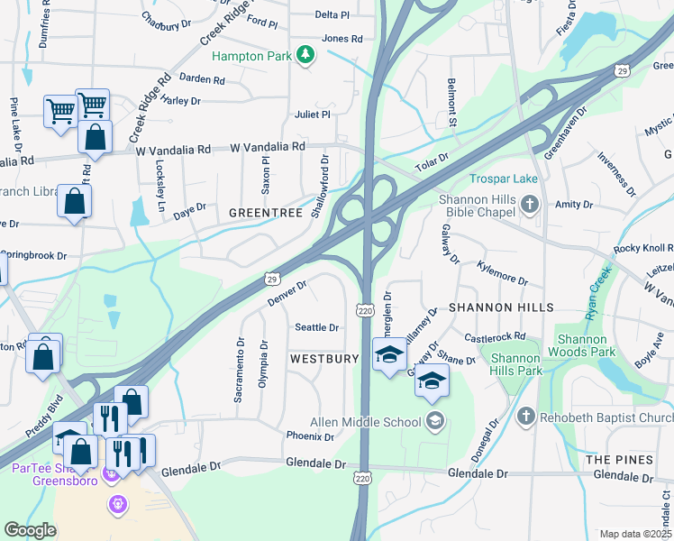 map of restaurants, bars, coffee shops, grocery stores, and more near 2400 Denver Drive in Greensboro