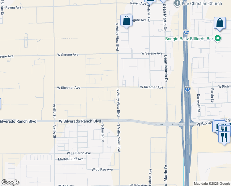 map of restaurants, bars, coffee shops, grocery stores, and more near 9541 South Valley View Boulevard in Las Vegas