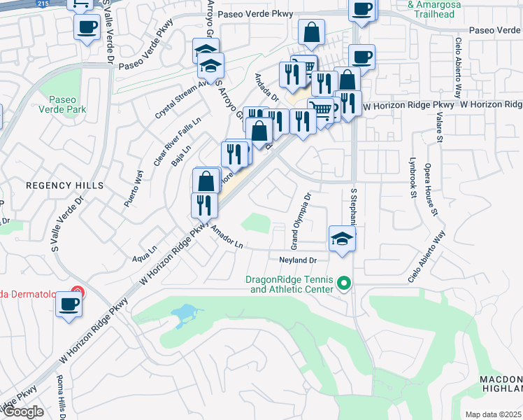 map of restaurants, bars, coffee shops, grocery stores, and more near 215 Horizon Peak Drive in Henderson