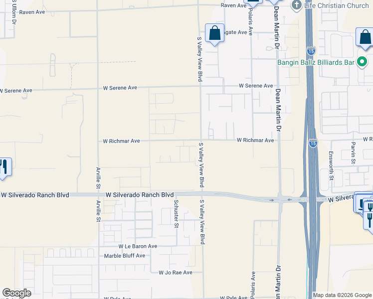 map of restaurants, bars, coffee shops, grocery stores, and more near 9541 South Valley View Boulevard in Las Vegas