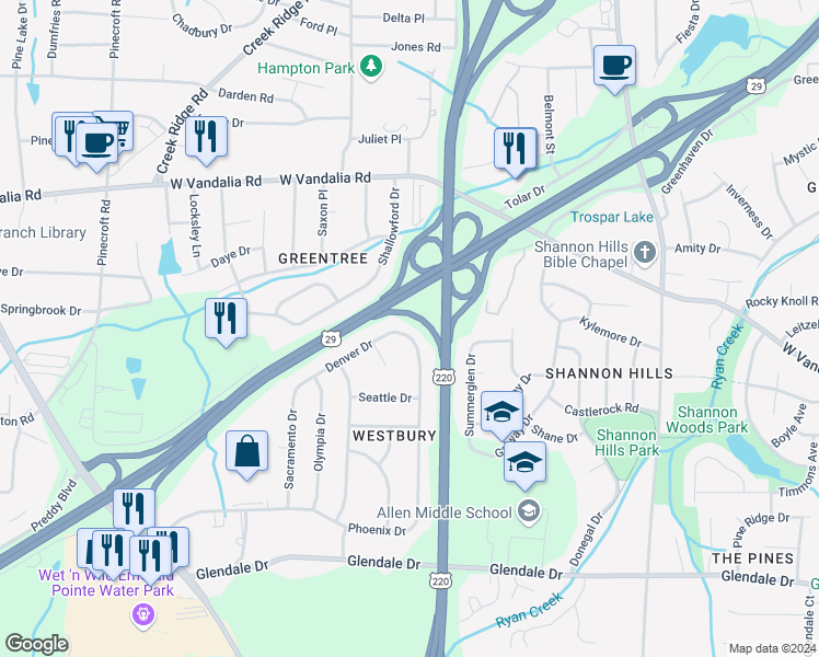 map of restaurants, bars, coffee shops, grocery stores, and more near 2400 Denver Drive in Greensboro
