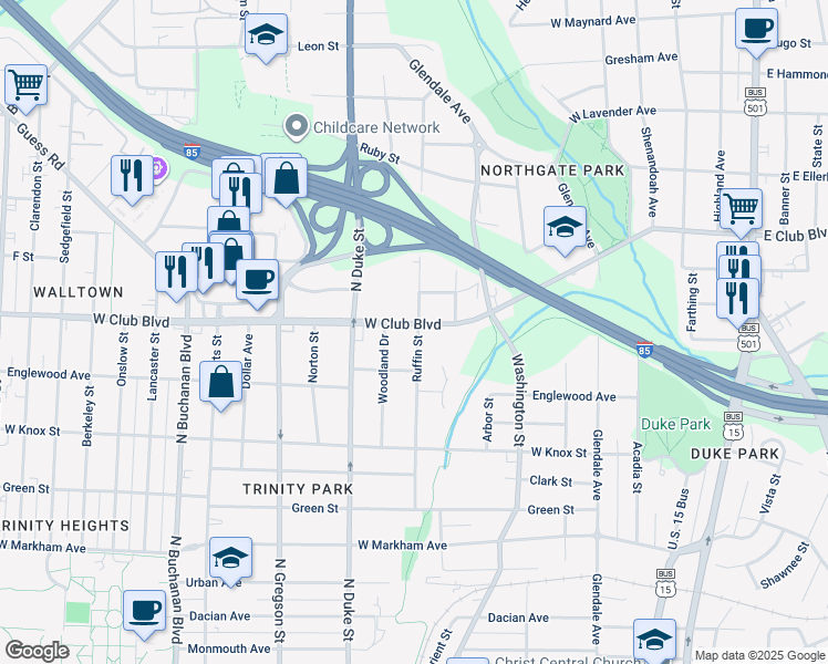 map of restaurants, bars, coffee shops, grocery stores, and more near 701 West Club Boulevard in Durham