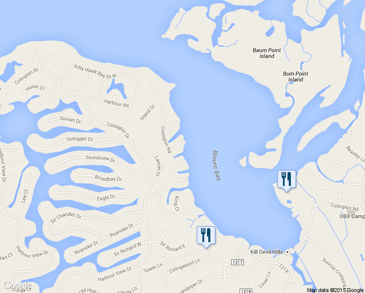 map of restaurants, bars, coffee shops, grocery stores, and more near 110 Princess Court in Kill Devil Hills