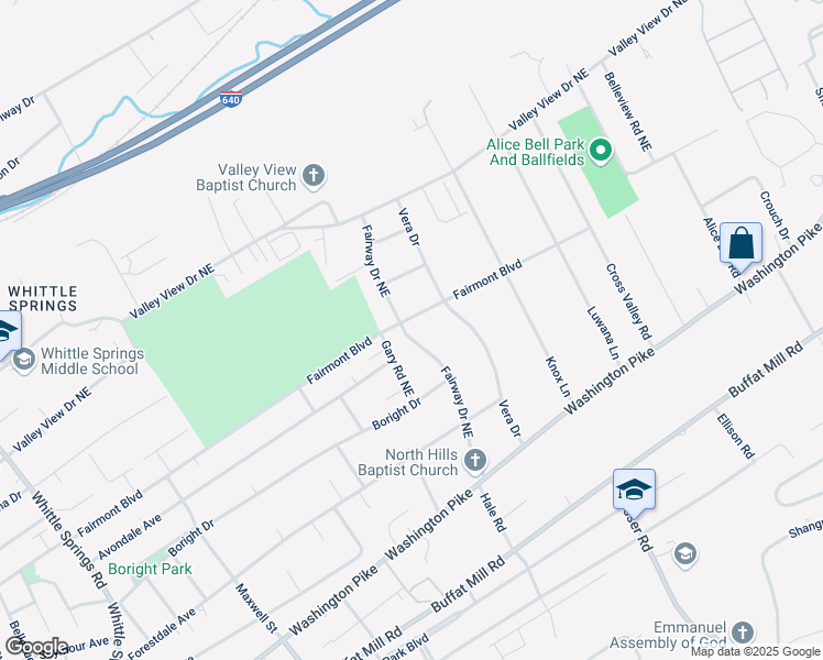 map of restaurants, bars, coffee shops, grocery stores, and more near 3308 Fairway Drive Northeast in Knoxville