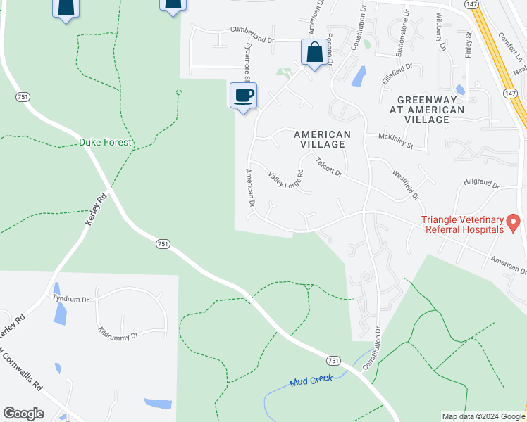 map of restaurants, bars, coffee shops, grocery stores, and more near 4402 American Drive in Durham