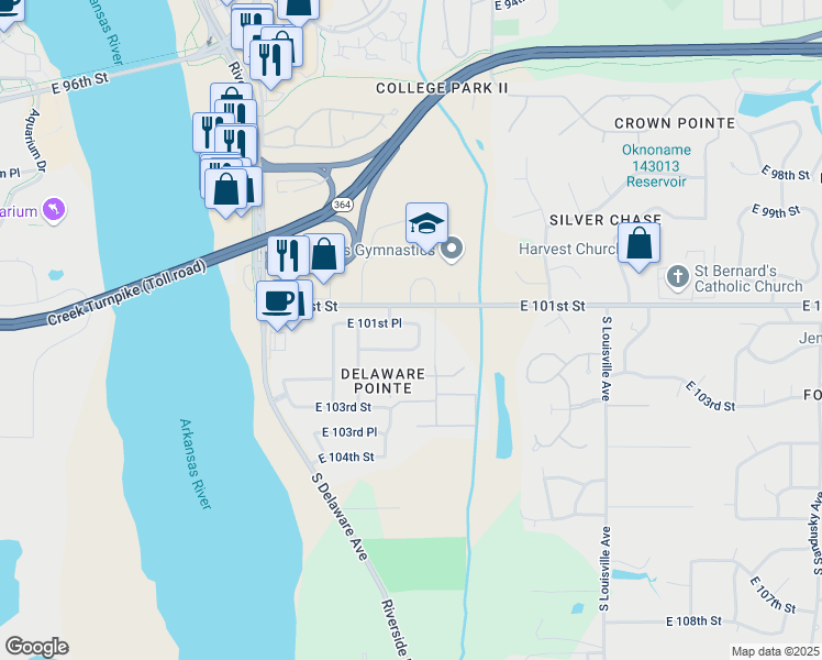 map of restaurants, bars, coffee shops, grocery stores, and more near 3016 East 101st Place in Tulsa