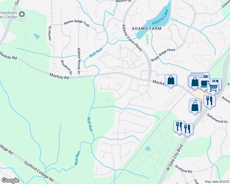 map of restaurants, bars, coffee shops, grocery stores, and more near 5801 Running Ridge Road in Greensboro