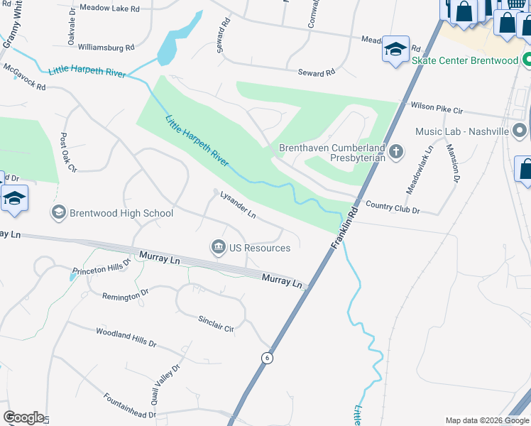 map of restaurants, bars, coffee shops, grocery stores, and more near 5236 Lysander Ln in Brentwood