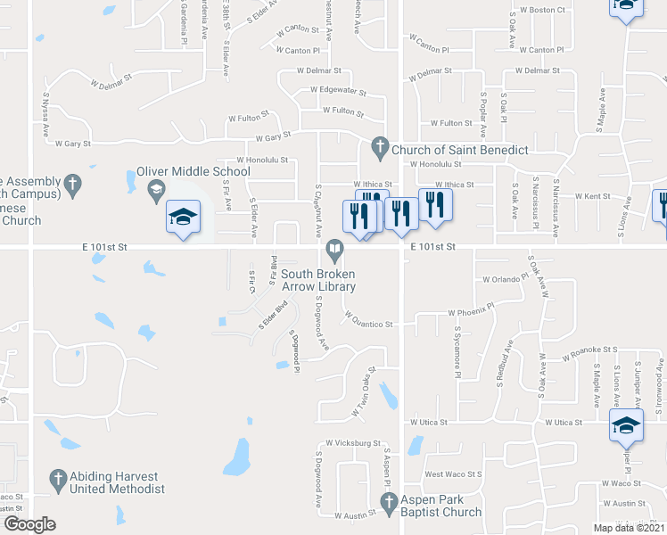 map of restaurants, bars, coffee shops, grocery stores, and more near 3600 South Chestnut Avenue in Broken Arrow
