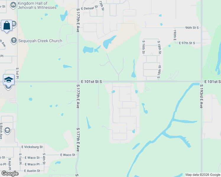 map of restaurants, bars, coffee shops, grocery stores, and more near 18010 East 101st Street in Broken Arrow