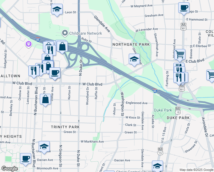 map of restaurants, bars, coffee shops, grocery stores, and more near 631 West Club Boulevard in Durham