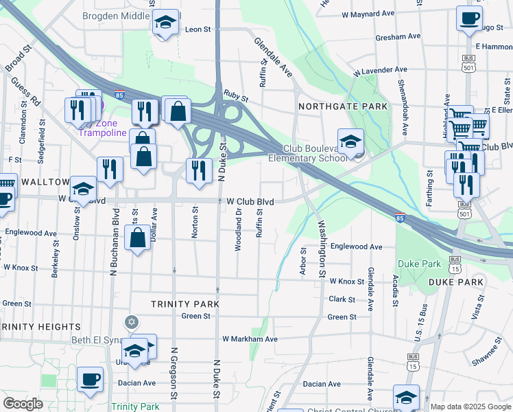map of restaurants, bars, coffee shops, grocery stores, and more near 701 West Club Boulevard in Durham
