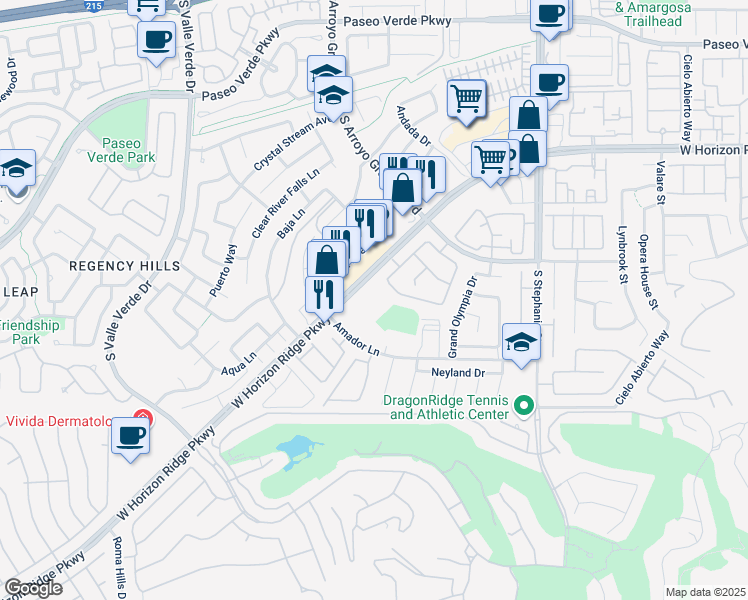 map of restaurants, bars, coffee shops, grocery stores, and more near 1555 West Horizon Ridge Parkway in Henderson