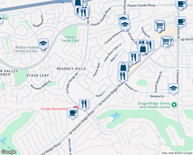 map of restaurants, bars, coffee shops, grocery stores, and more near 275 Clear Rapid Court in Henderson