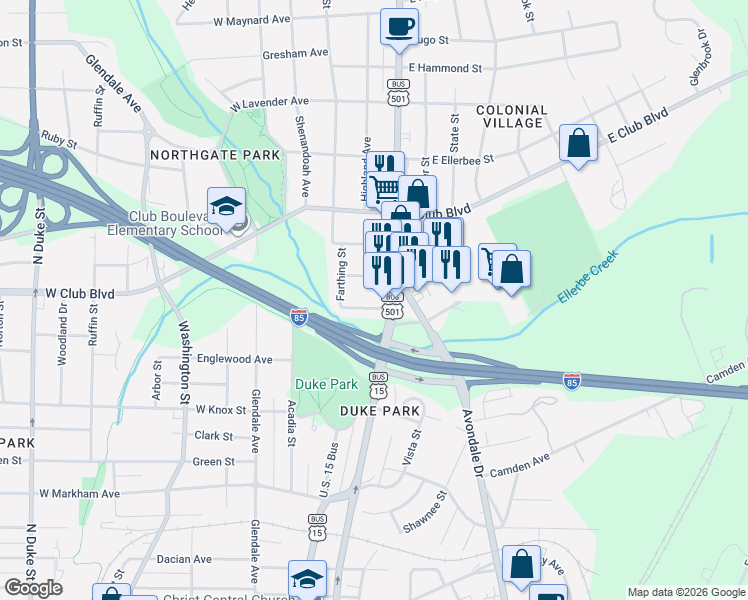 map of restaurants, bars, coffee shops, grocery stores, and more near 115 Higbee Street in Durham