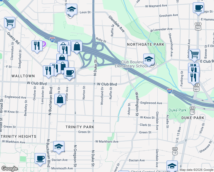 map of restaurants, bars, coffee shops, grocery stores, and more near 701 West Club Boulevard in Durham