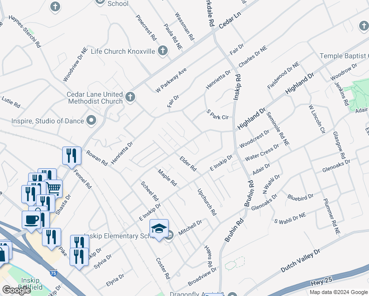 map of restaurants, bars, coffee shops, grocery stores, and more near 810 Highland Drive in Knoxville