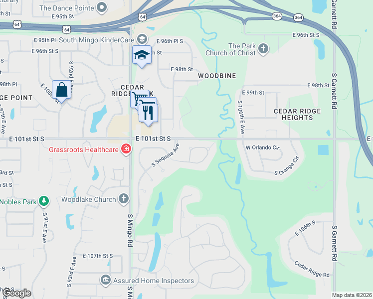 map of restaurants, bars, coffee shops, grocery stores, and more near 5900 West Orlando Circle in Broken Arrow