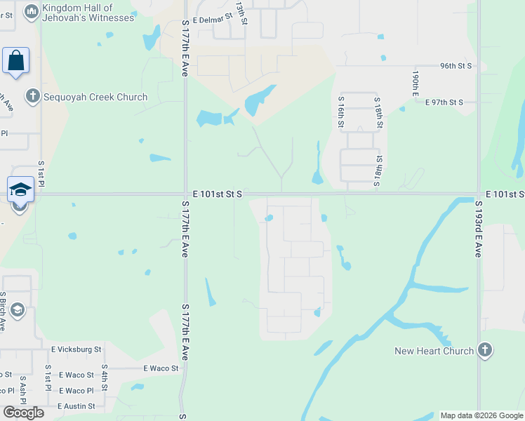 map of restaurants, bars, coffee shops, grocery stores, and more near 18010 East 101st Street in Broken Arrow