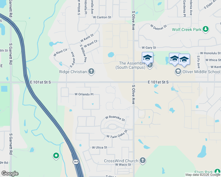 map of restaurants, bars, coffee shops, grocery stores, and more near 3605 South Redwood Drive in Broken Arrow