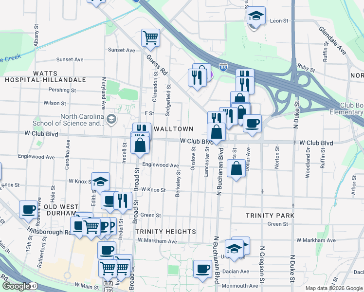map of restaurants, bars, coffee shops, grocery stores, and more near 1120 Berkeley Street in Durham