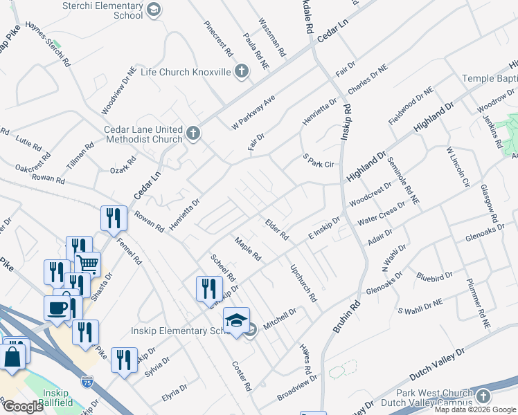 map of restaurants, bars, coffee shops, grocery stores, and more near 800 Mediate Way in Knoxville