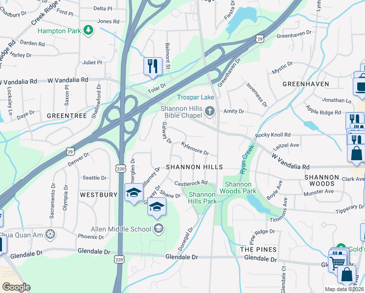 map of restaurants, bars, coffee shops, grocery stores, and more near 2107 Kylemore Drive in Greensboro
