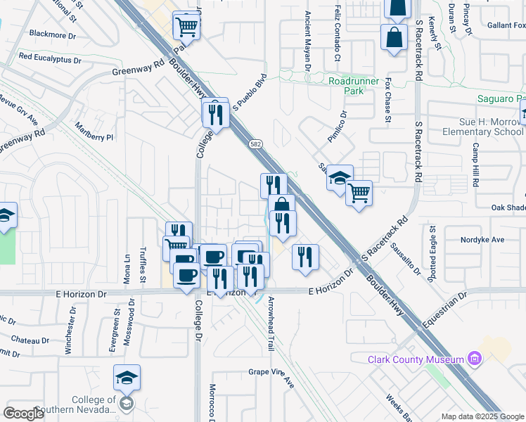 map of restaurants, bars, coffee shops, grocery stores, and more near 520 Arrowhead Trail in Henderson