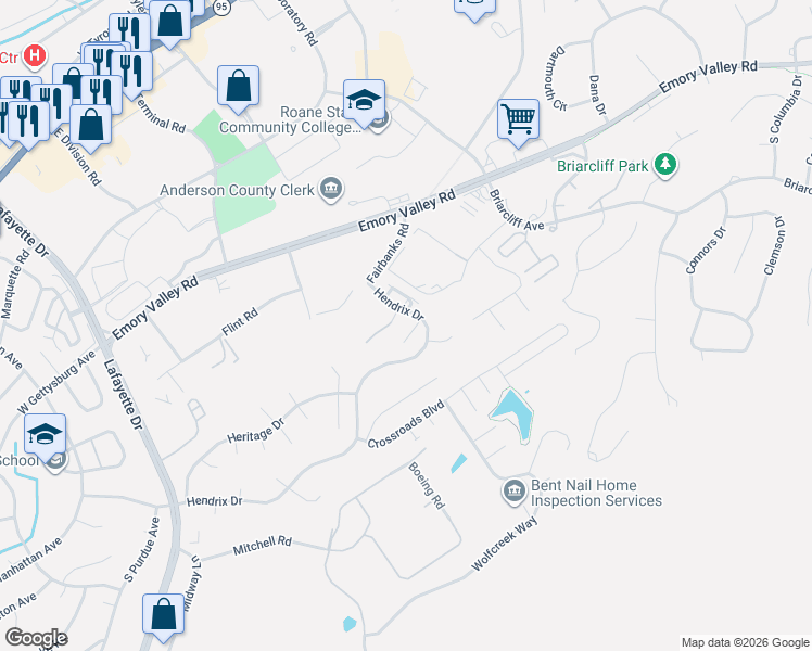 map of restaurants, bars, coffee shops, grocery stores, and more near 101 Hanover Place in Oak Ridge