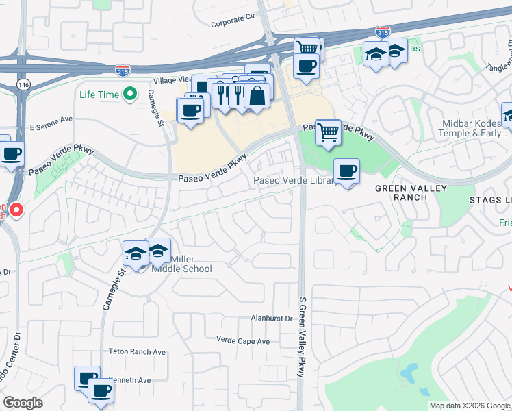 map of restaurants, bars, coffee shops, grocery stores, and more near 2289 Surrey Meadows Avenue in Henderson