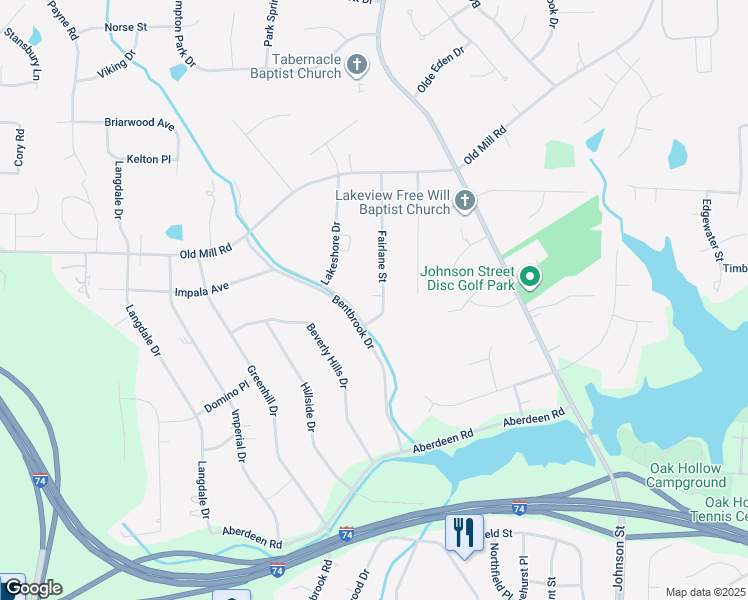 map of restaurants, bars, coffee shops, grocery stores, and more near 3609 Fairlane Street in High Point