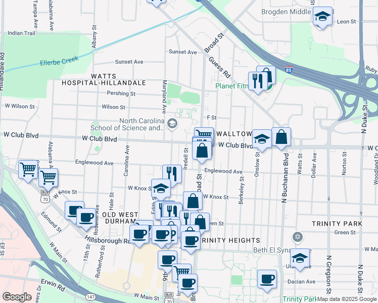 map of restaurants, bars, coffee shops, grocery stores, and more near 1116 Iredell Street in Durham