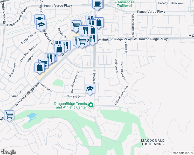 map of restaurants, bars, coffee shops, grocery stores, and more near 235 Desert Arroyo Court in Henderson