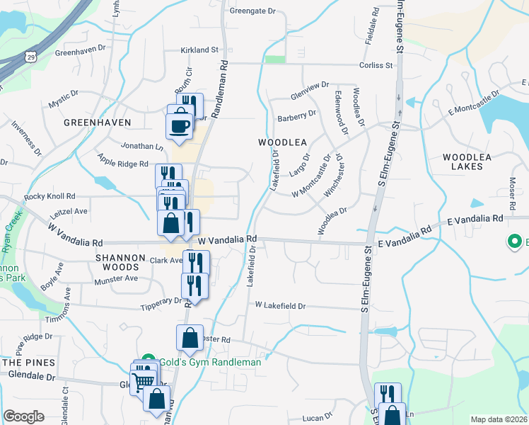 map of restaurants, bars, coffee shops, grocery stores, and more near 3425 Winchester Drive in Greensboro