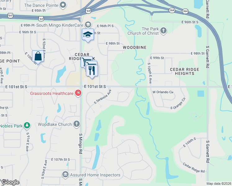 map of restaurants, bars, coffee shops, grocery stores, and more near 5900 West Orlando Circle in Broken Arrow