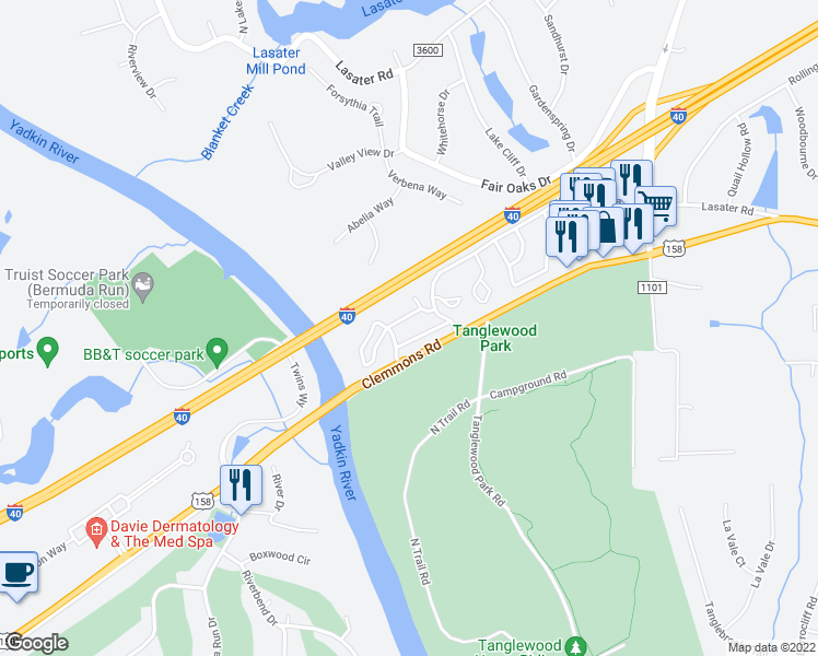 map of restaurants, bars, coffee shops, grocery stores, and more near 7424 Riverview Knoll Court in Clemmons