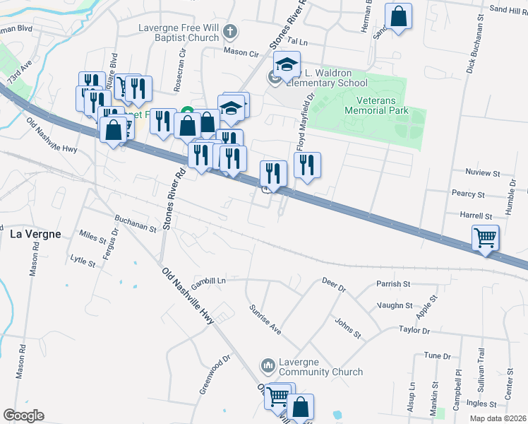 map of restaurants, bars, coffee shops, grocery stores, and more near 117 Glendale Drive in La Vergne