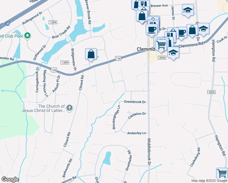 map of restaurants, bars, coffee shops, grocery stores, and more near 3649 Littlebrook Drive in Clemmons