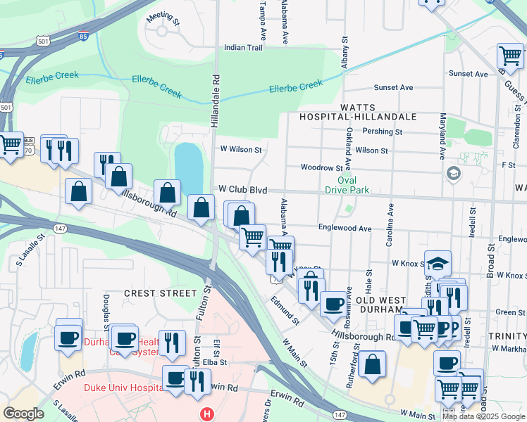 map of restaurants, bars, coffee shops, grocery stores, and more near 2414 Englewood Avenue in Durham