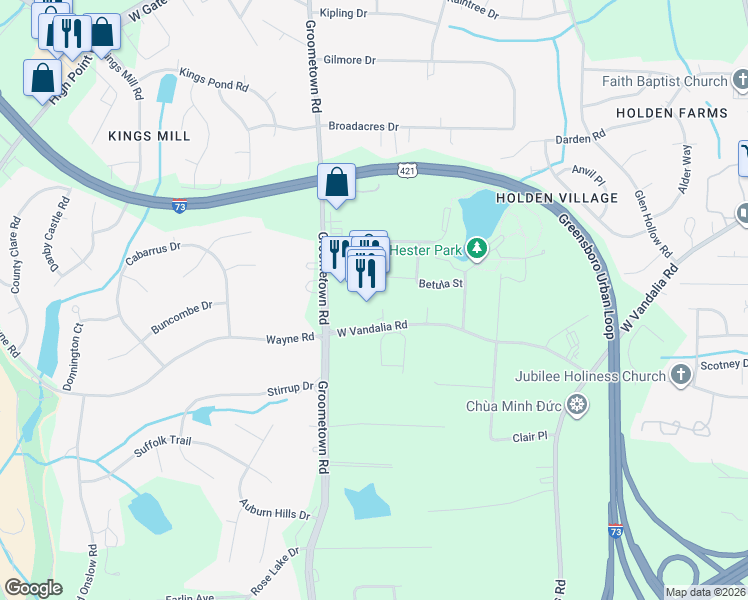 map of restaurants, bars, coffee shops, grocery stores, and more near 3603 Groometown Road in Greensboro