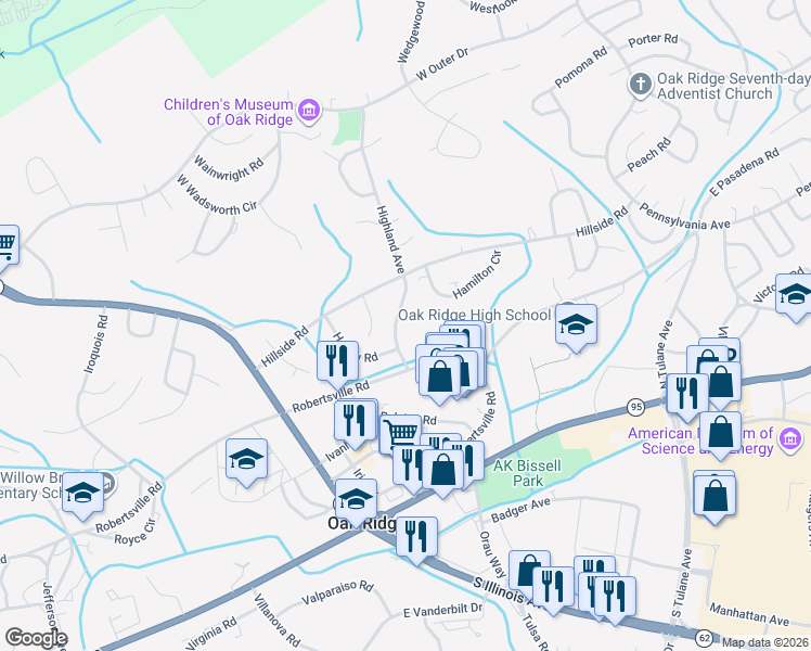 map of restaurants, bars, coffee shops, grocery stores, and more near 136 Highland Avenue in Oak Ridge