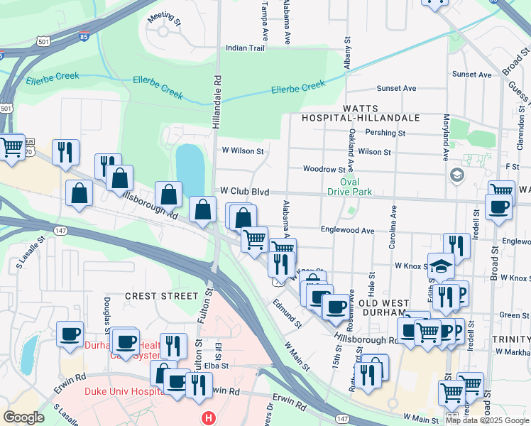 map of restaurants, bars, coffee shops, grocery stores, and more near 2414 Englewood Avenue in Durham