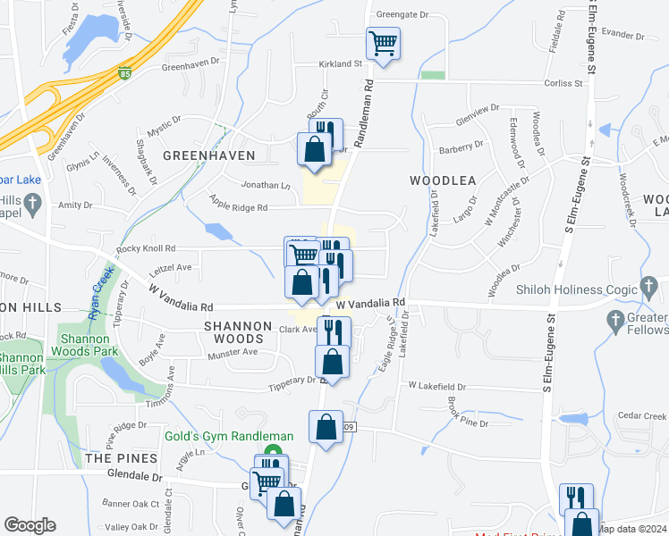 map of restaurants, bars, coffee shops, grocery stores, and more near 2907 Randleman Road in Greensboro