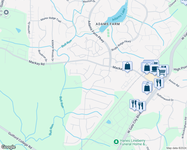 map of restaurants, bars, coffee shops, grocery stores, and more near 2201 Acorn Ridge Road in Greensboro